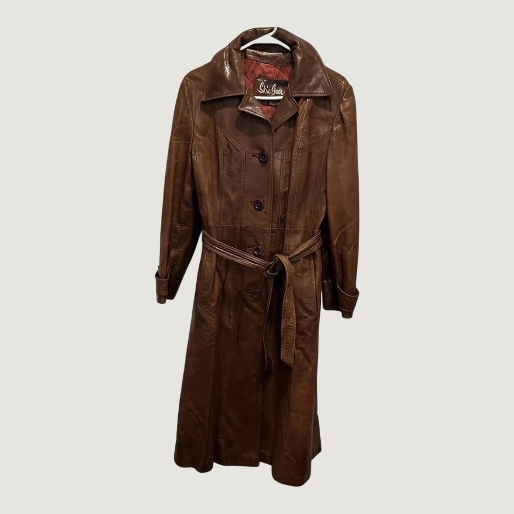 Vintage Skin Gear Brown Napa Leather Trench Coat Long Belted Button Front Medium